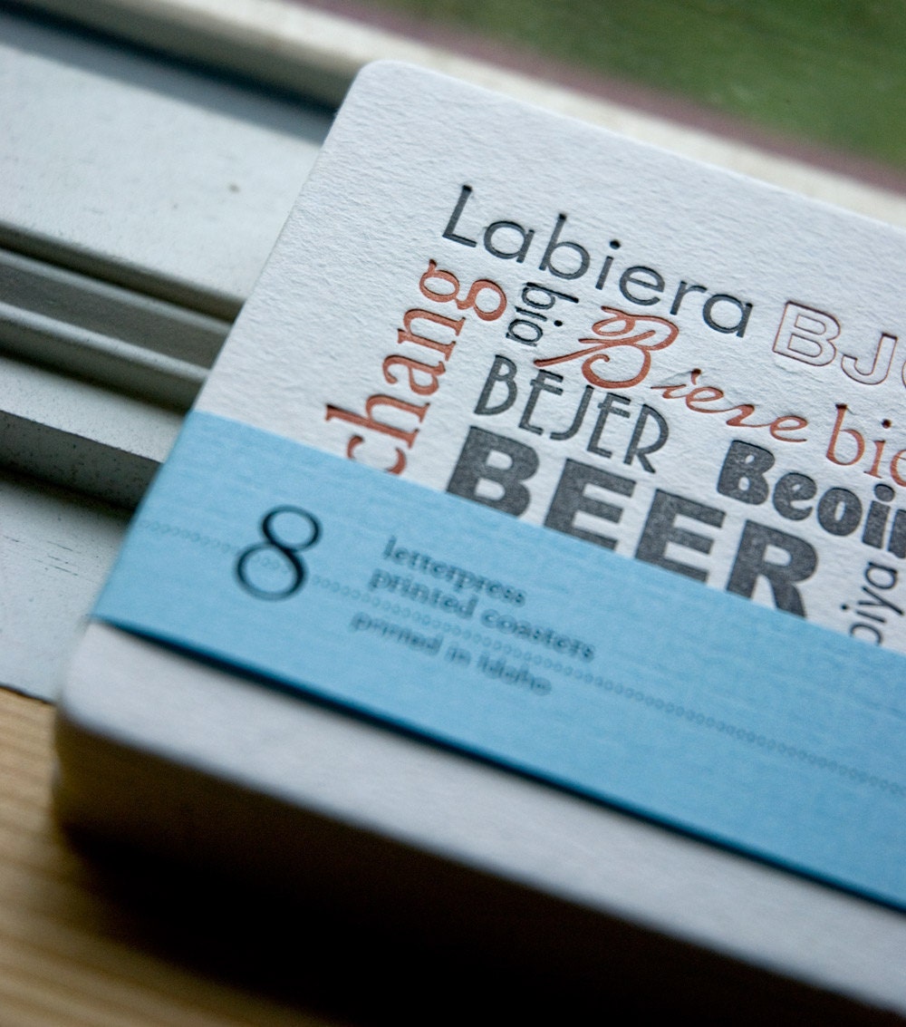 BEER language Coasters, modern design (Letterpress printed, 3.5 inches) set of 8, perfect gift for home brewer or beer lover
