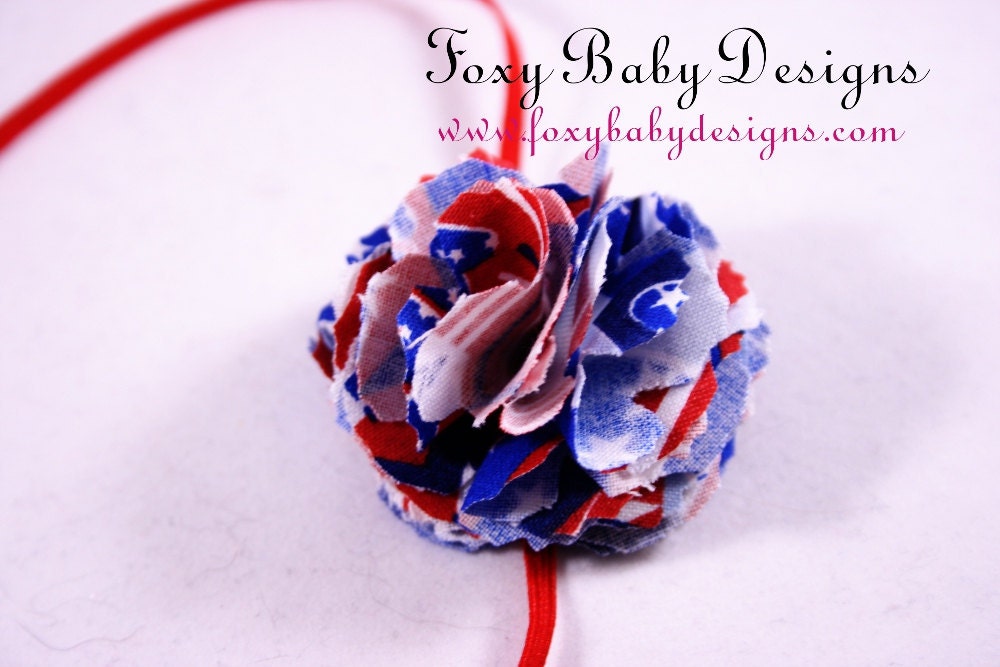 Red, White, and Blue Fabric Flower on  Skinny Red Headband by Foxy Baby Designs
