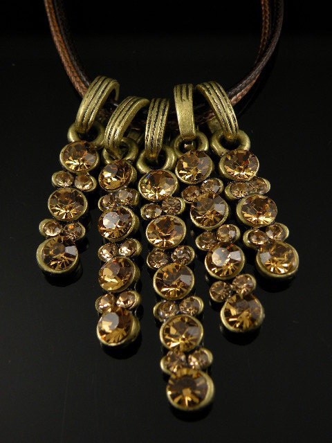 retro copper brown crystals five pendants with leather chain necklace pendant vintage style