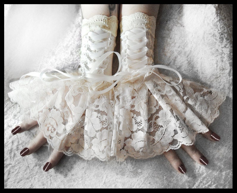 Solstice Corset Laced Up Fingerless Glove Wrist Cuffs - Ivory Lace White Ribbon - Lolita Rococo Fusion Bellydance Regency Aristocrat Bridal