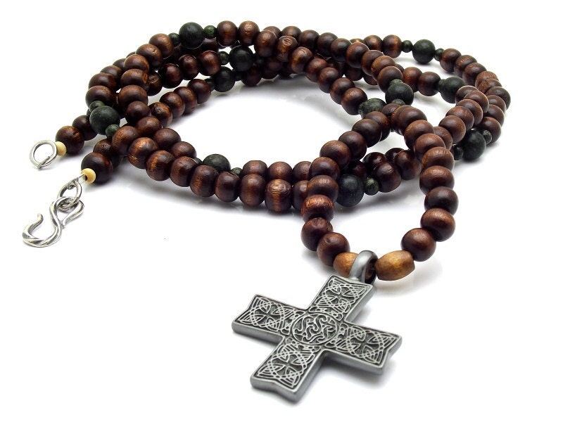 Twelve Step Chaplet Necklace Brown Wood and Dark Green Serpentine
