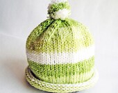 Baby Hat Fresh Lime Stripes Hand Knit Roll Brim Pom Pom, great for Photo Props