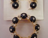 Beautiful Vintage Hand Set Rhinestone and Black Plastic Brooch and Earring Set