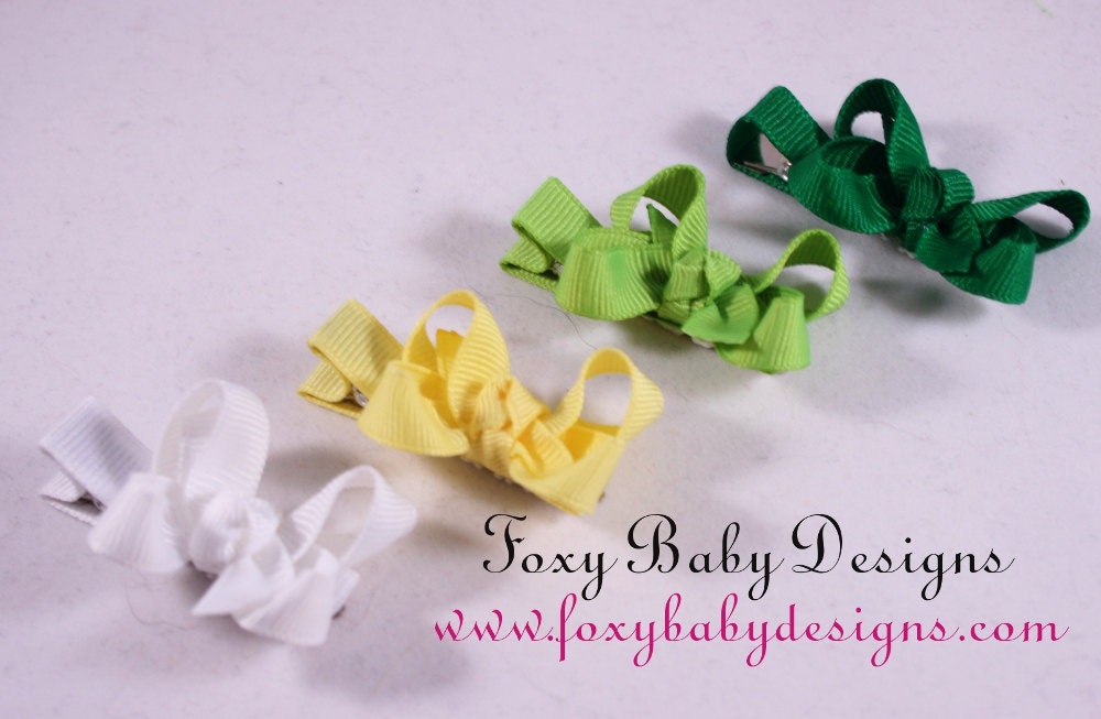 Set of Four No Slip Mini Bows in Green and Yellow by Foxy Baby Designs