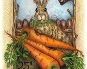 5x7 matted art, rabbit in garden, carrots, seed packet