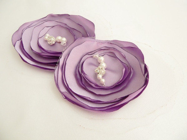 Bridesmaid Hair Flower Fascinator - Lavender Purple Set  of Two- Swarovski Pearls