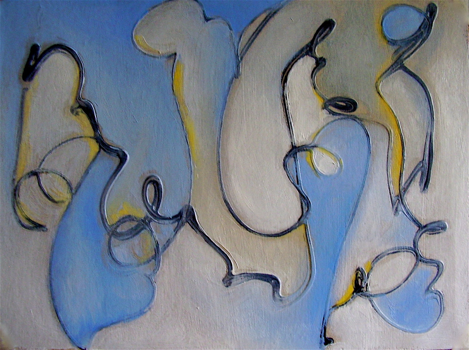 Painting, winter abstract, small, pale blue white and yellow, gestural curls, squiggles, 7.5 x 10 inches