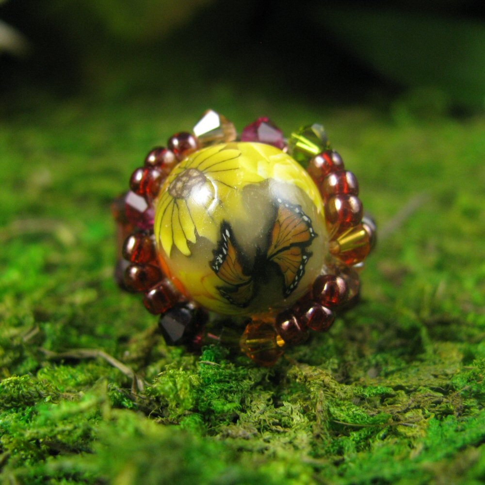 Beaded Polymer Clay & Crystal Ring: "Lammas Harvest"