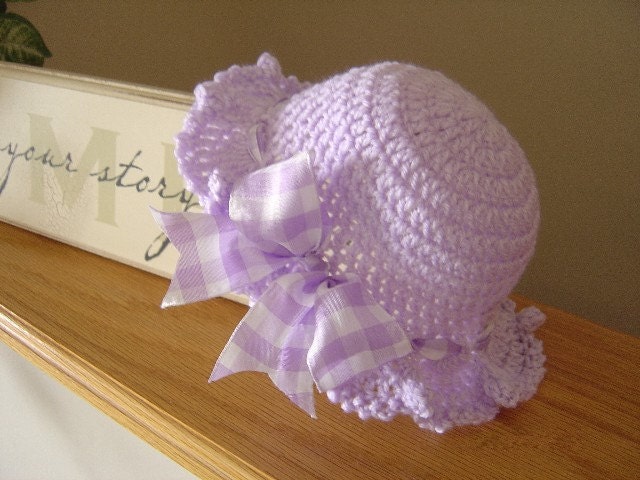 Lavender Crochet Preemie or Newborn Ruffled Baby Hat with Lavender Plaid Bow