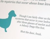 Funny Doxie card - Johnny Depp, wine and closed doors (WG169)