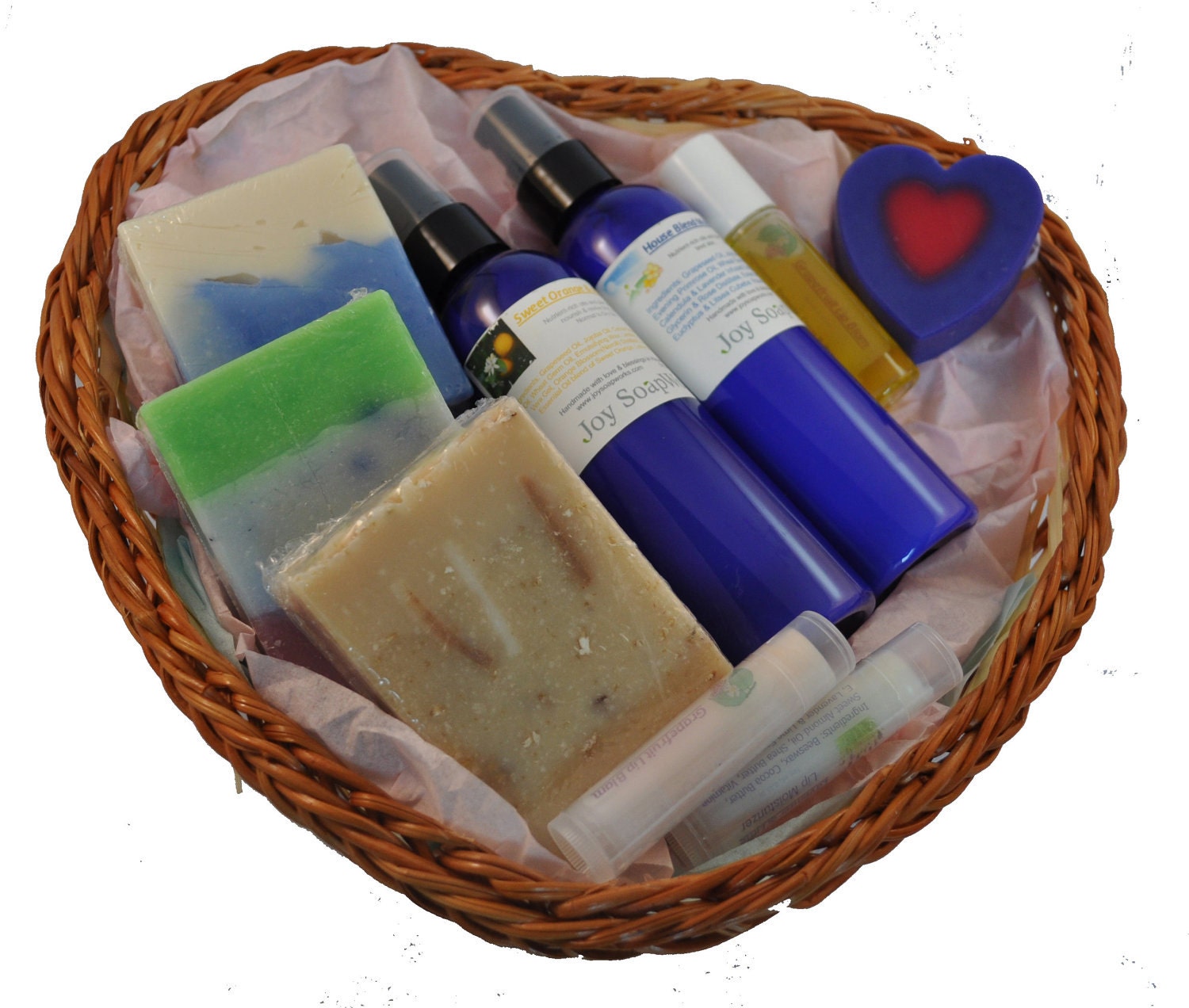 Bath and Body Gift in Heart Shape Rattan Basket, Soap/Lotion/Lip Balm/Perfume Oil