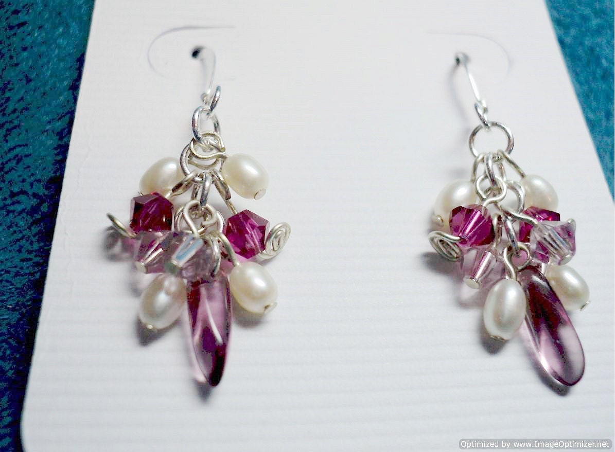Magenta Crystal and Pearl Earrings
