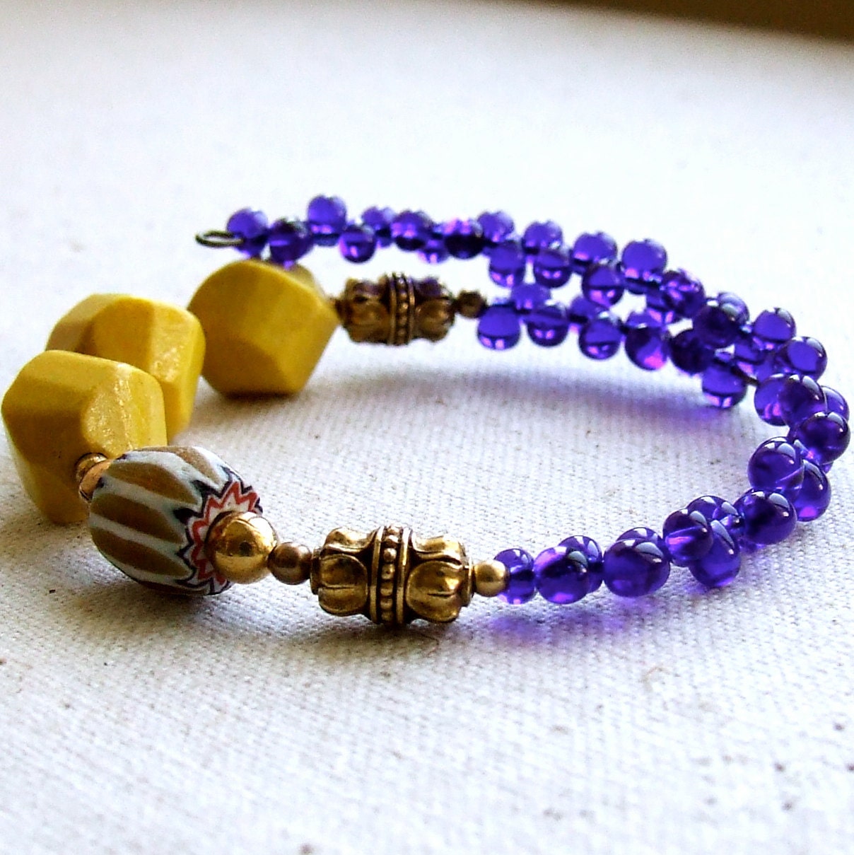 SALE - Faceted Wood, Brass, Glass - Wrap Bracelet - Mediterranean - Handmade Fashion