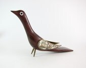 Vintage Mid Century Modern House Bird Carved Figure in Dark Walnut with Abalone Inlaid Wings