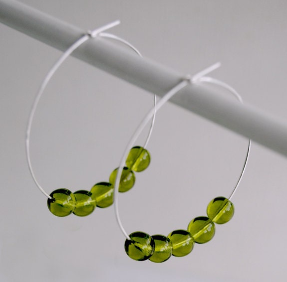 Olive Green Glass Beads on Sterling Silver Hoops