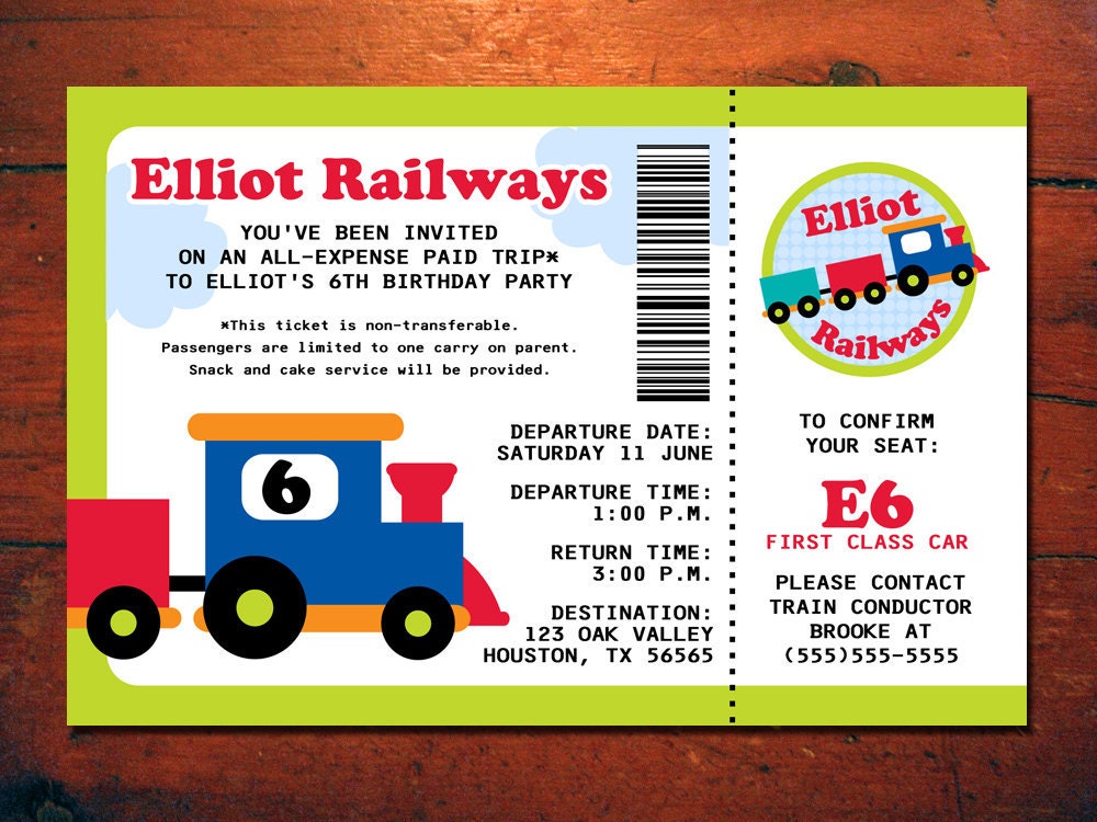 Train Ticket Birthday Party Invitation - Railway Choo Choo Invite (DIY Printable Digital File OR Printed Cards)