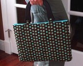 iPad Case Tote with Wood Handles in Brown and Blue Cotton