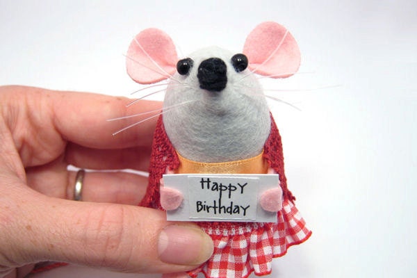Happy Birthday - mouse ornament with message sign cute gift for animal lover - Greeta the messenger Mouse - MADE TO ORDER