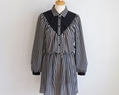 Vtg Striped Black and White Country Gal Button Up Dress M