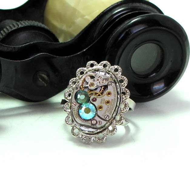Filigree Steampunk Ring Vintage 17 Jewels Watch Movement Swarovski Adjustable Design by Mystic Pieces