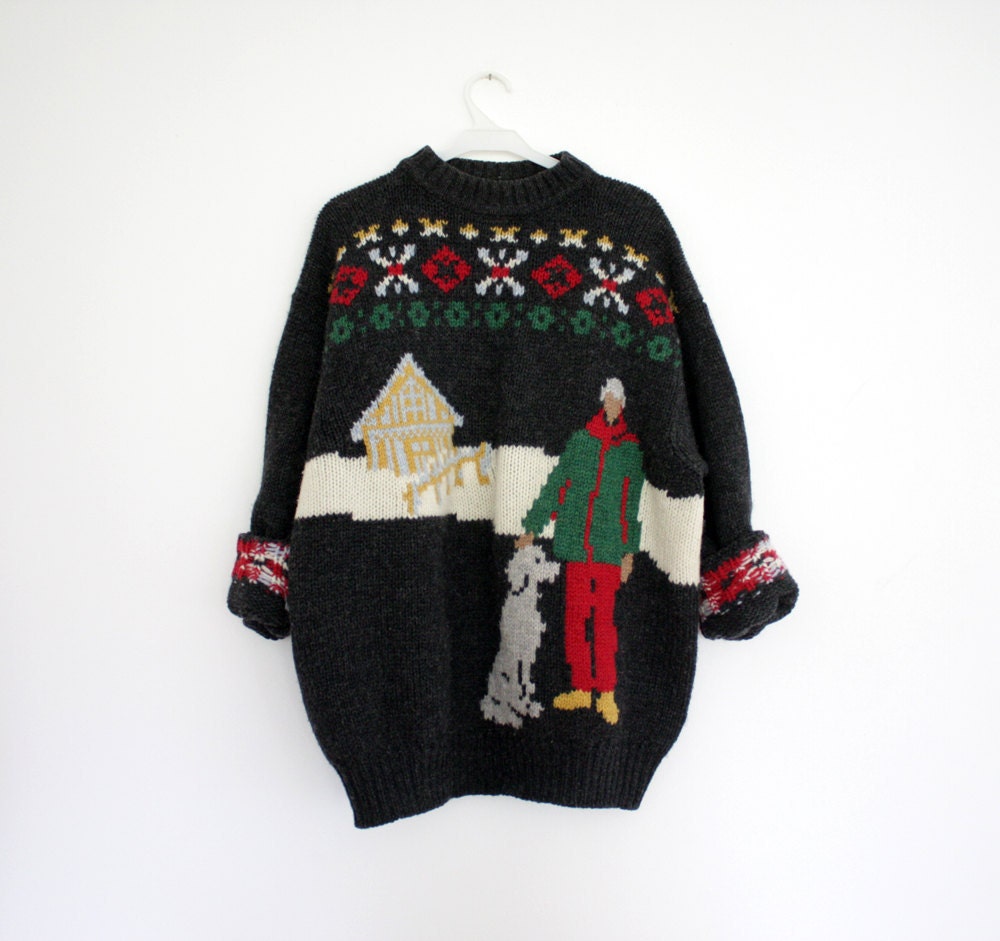 Vintage sweater. United Colors of Benetton. Man with his dog in front of the house.