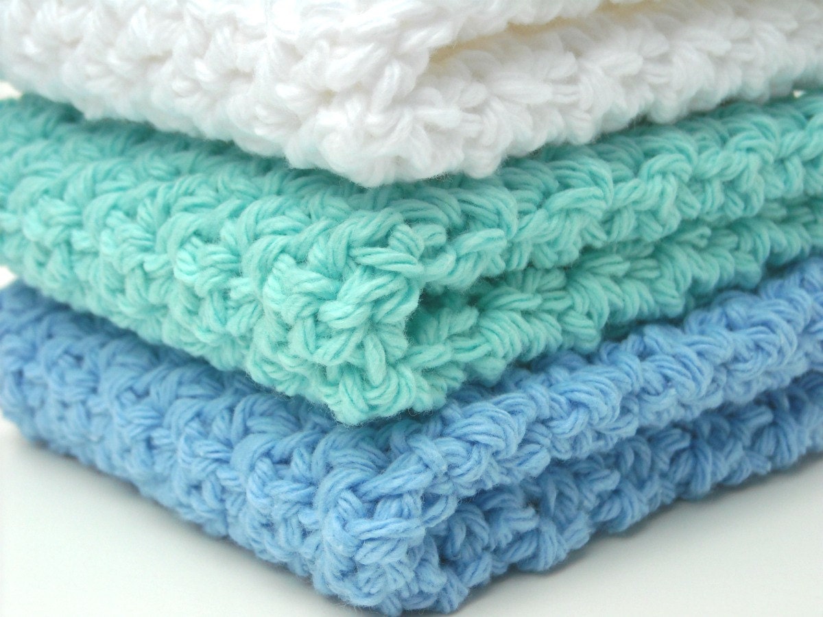 Washcloths Crochet Cotton Dishcloths Spa Colors Blue, Aqua and White Set of 3