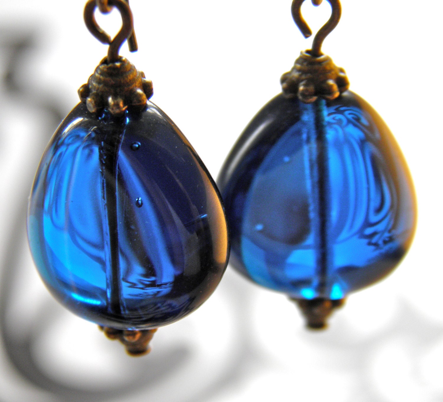 Teal Earrings Teal Blue Chunky Glass Jewel Drop Earrings Vintage Style Long Antiqued Brass Ear Wires