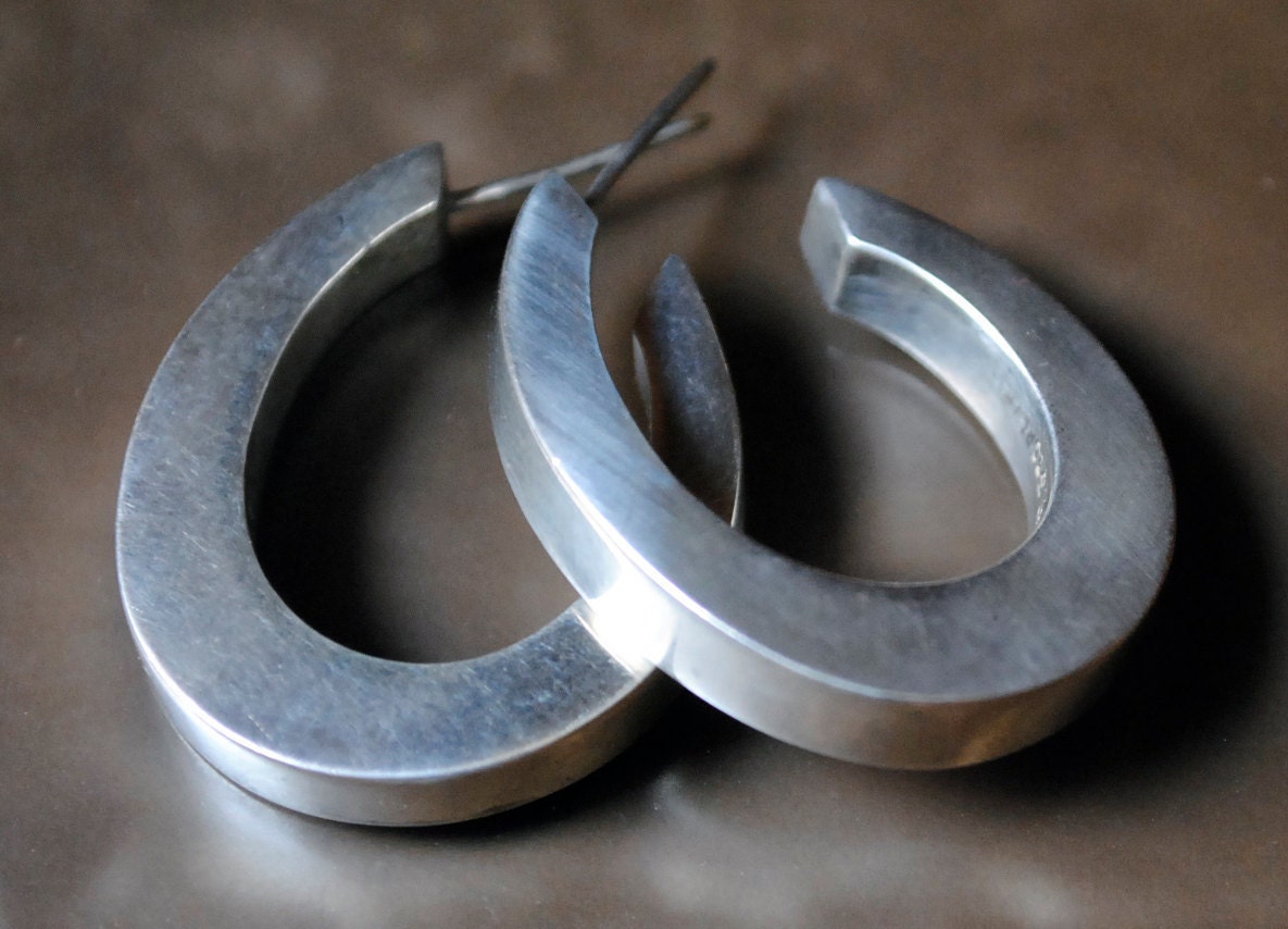 Modernist WIDE Silver Open Oval Hoops- TANE Mexico, Pierced Posts