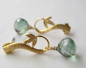 Green Quartz Earrings, Faceted Mystic Quartz Briolette Brass Twig Earrings