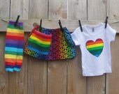 Peace Love and Rainbows-3 piece appliqued shirt, skirt and warmer set-sizes 6mo to girls9/10-shirt can be black/white-short/long sleeve