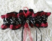 Cranberry Red Lace and Black Satin Skull Crossbones Garter-Goth-Pirate-Wench-Bachelorette Party-Maids-Gifts