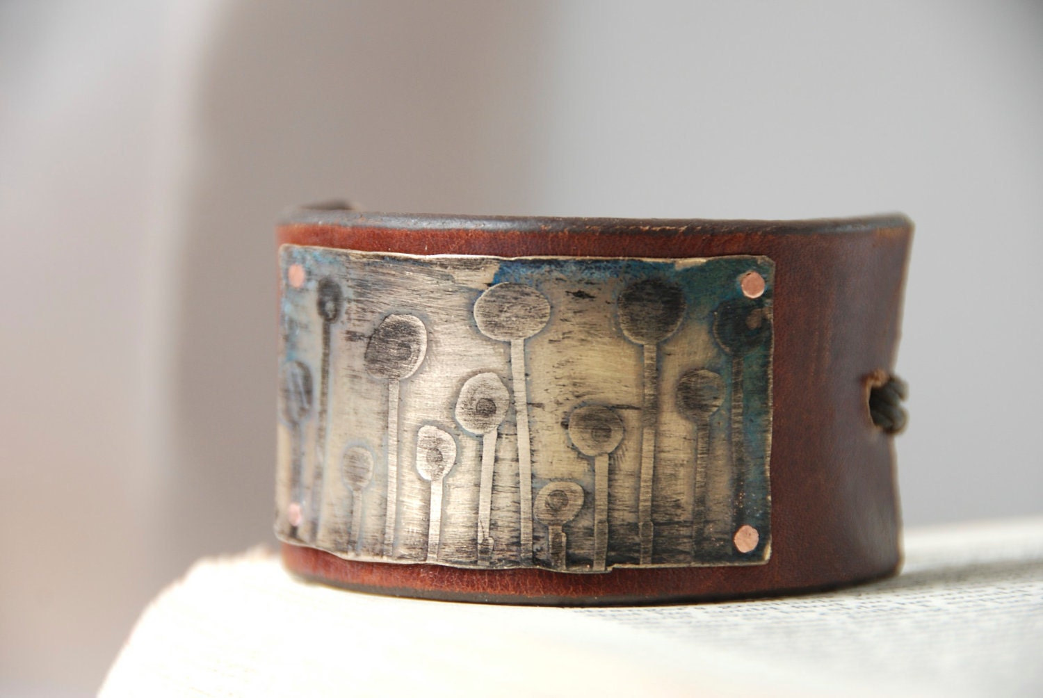 Brass Etched Bracelet With Geometric Garden Patina on Upcycled Leather
