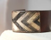 Men's Bracelet Urban Geometric Chevron Etched And Oxidized Brass Upcycled Leather