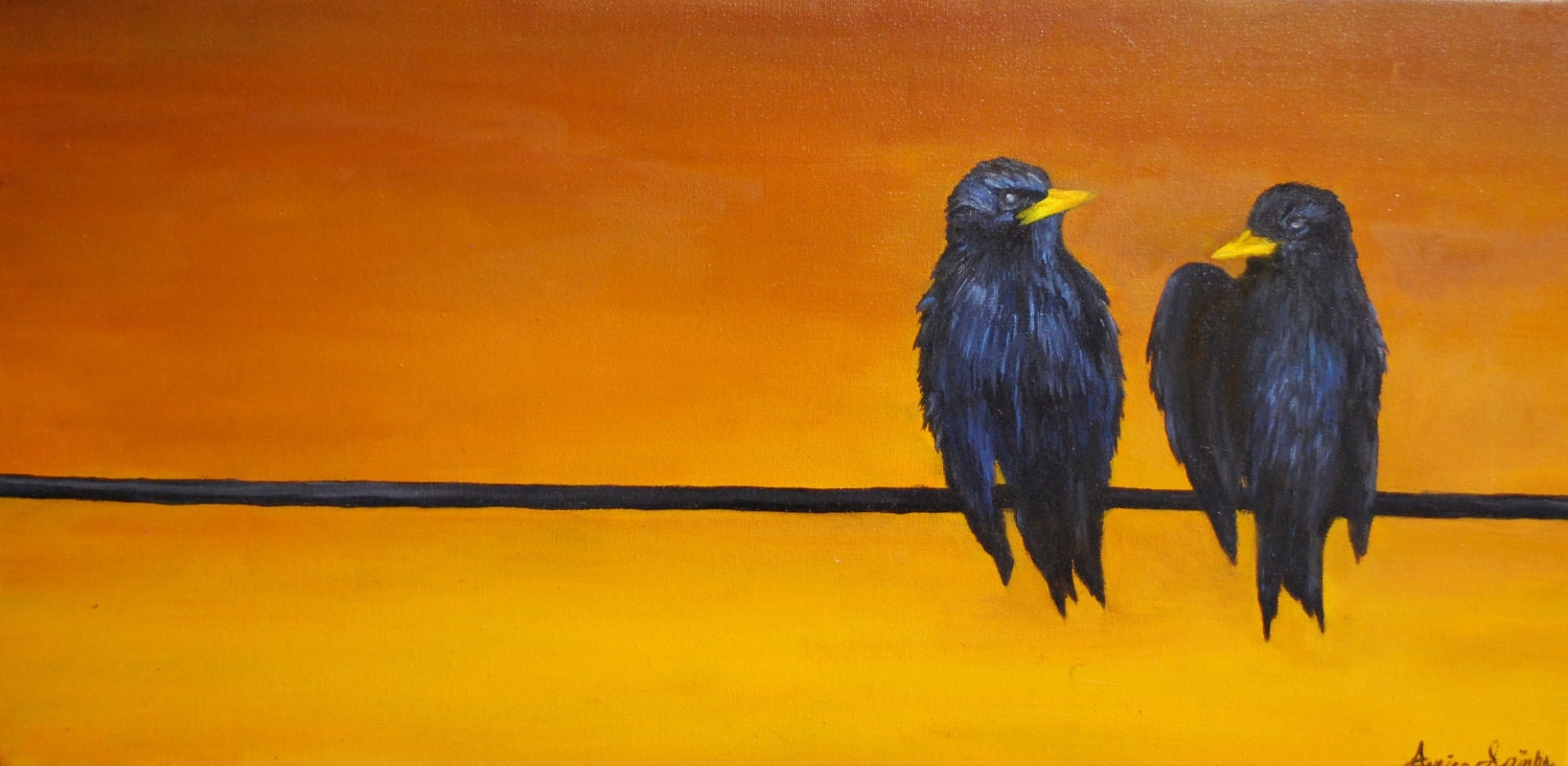 Two Black Birds Original Oil Painting 12x24.