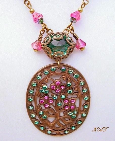 Glass Rhinestone Necklace - Pink & Green Glass and Brass