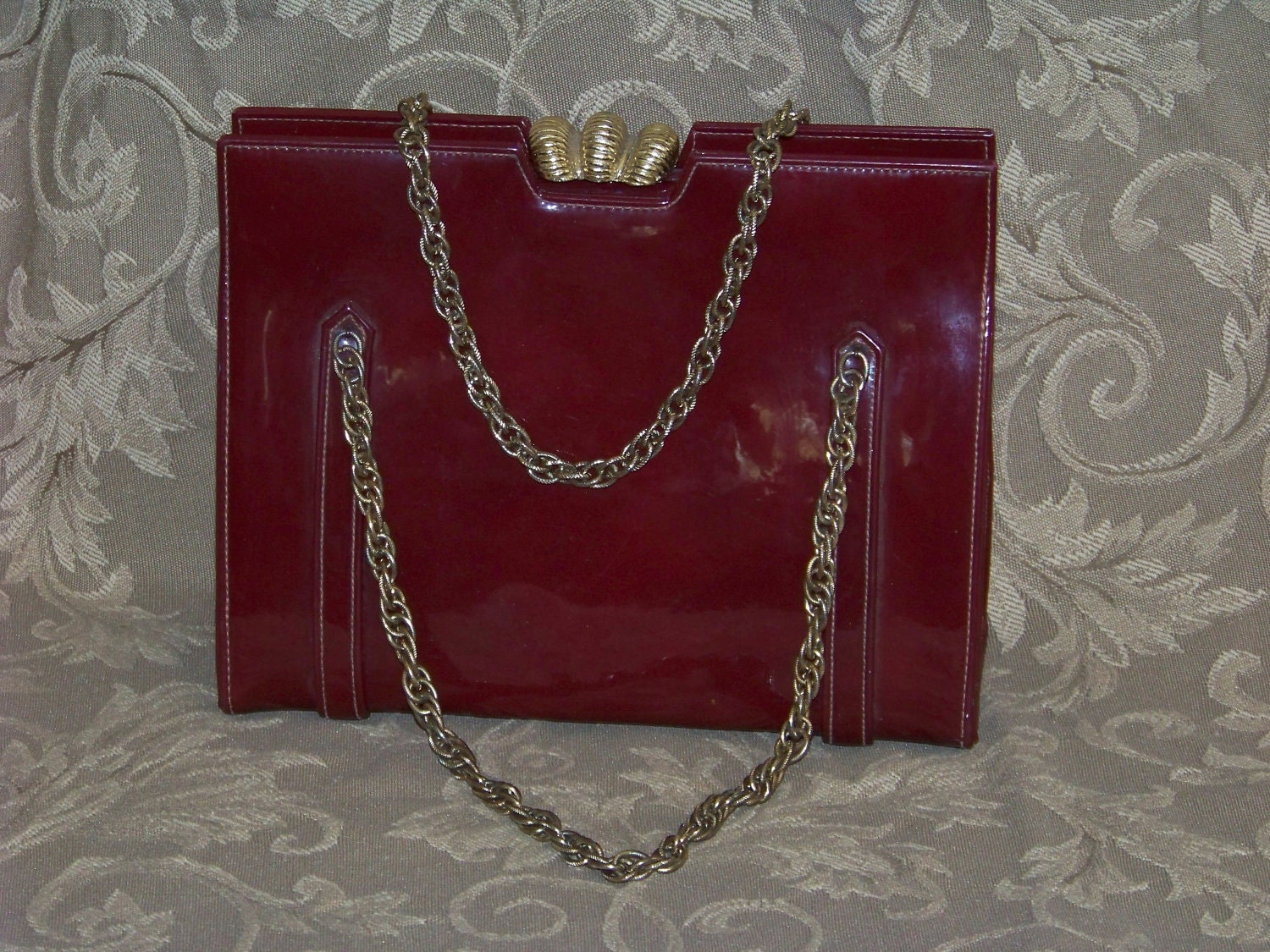 Vintage Lederer de Paris Purse in Burgundy/Maroon Patent Leather Mad Men