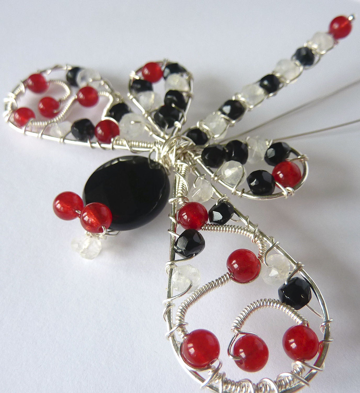 123 SALE - Black Onyx and Red Agate large ornate Sterling Dragonfly Hair Pin, Clip, Brooch or Bouquet Decoration