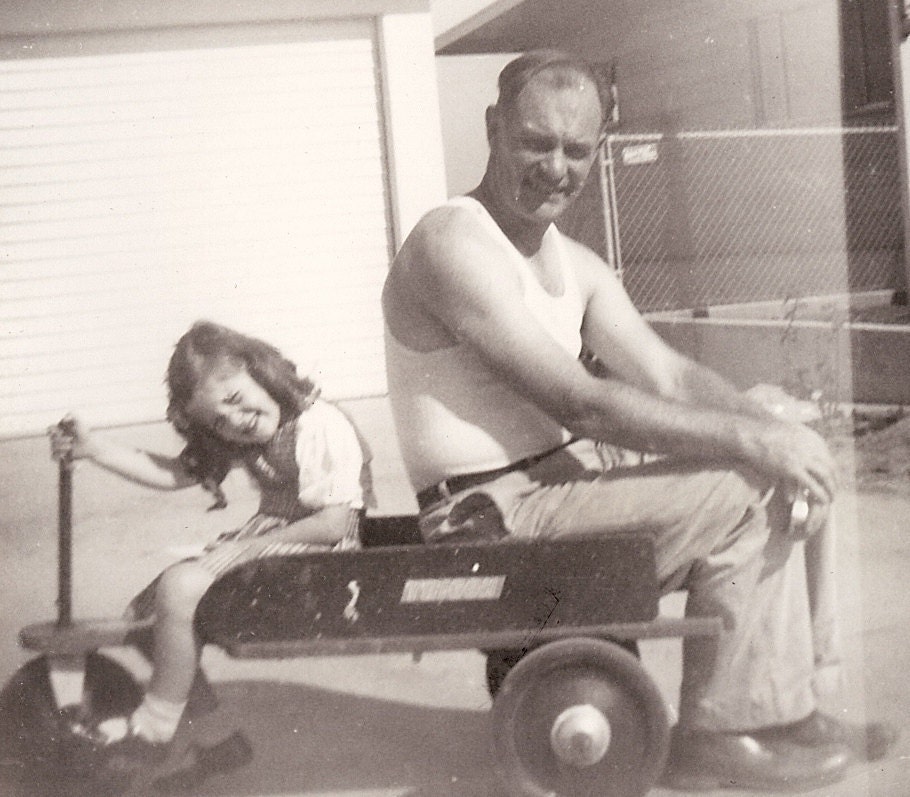 Vintage Photo - Daddy and His Little Girl Sitting on a Little Red Wagon - circa 1940s
