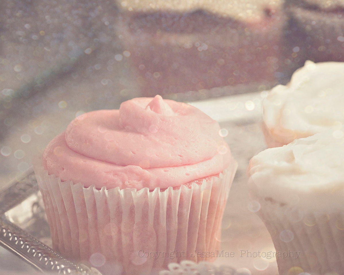 Pink Sugar Cupcakes - Sweet Pastel Blush Pink Vanilla Cupcake Photography (7x5 print) Girly Gift Foodie Kitchen Dessert Photography