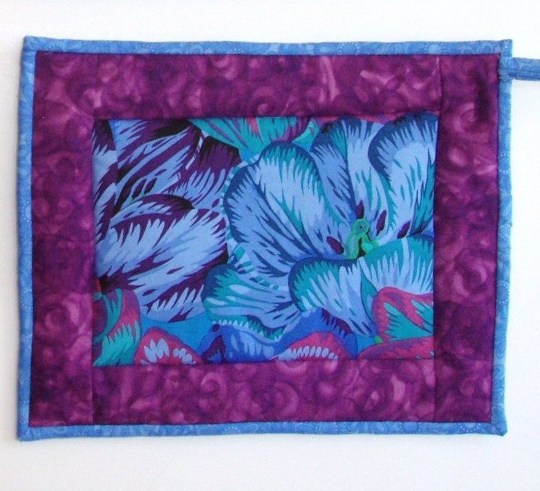 Quilted Pot Holder / Hot Pad -- Tropical Blue Flower with Purple Borders