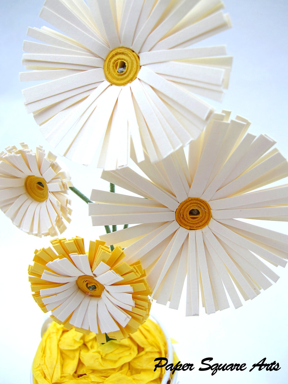 White Daisy Bouquet in matching bucket vase - White and Yellow color scheme