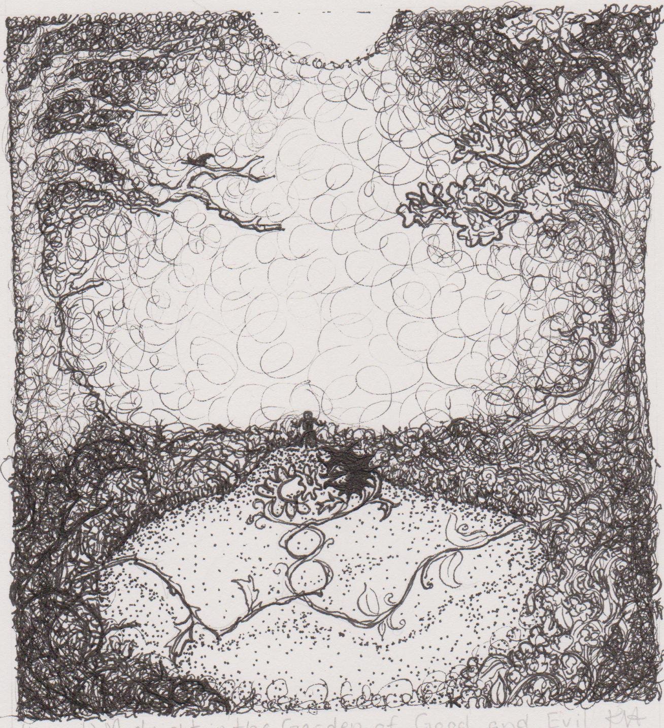 Title: (love at) Midnight in the Garden of Good and Evil--Doodlers Doing Doodles challenge ink drawing/illustration