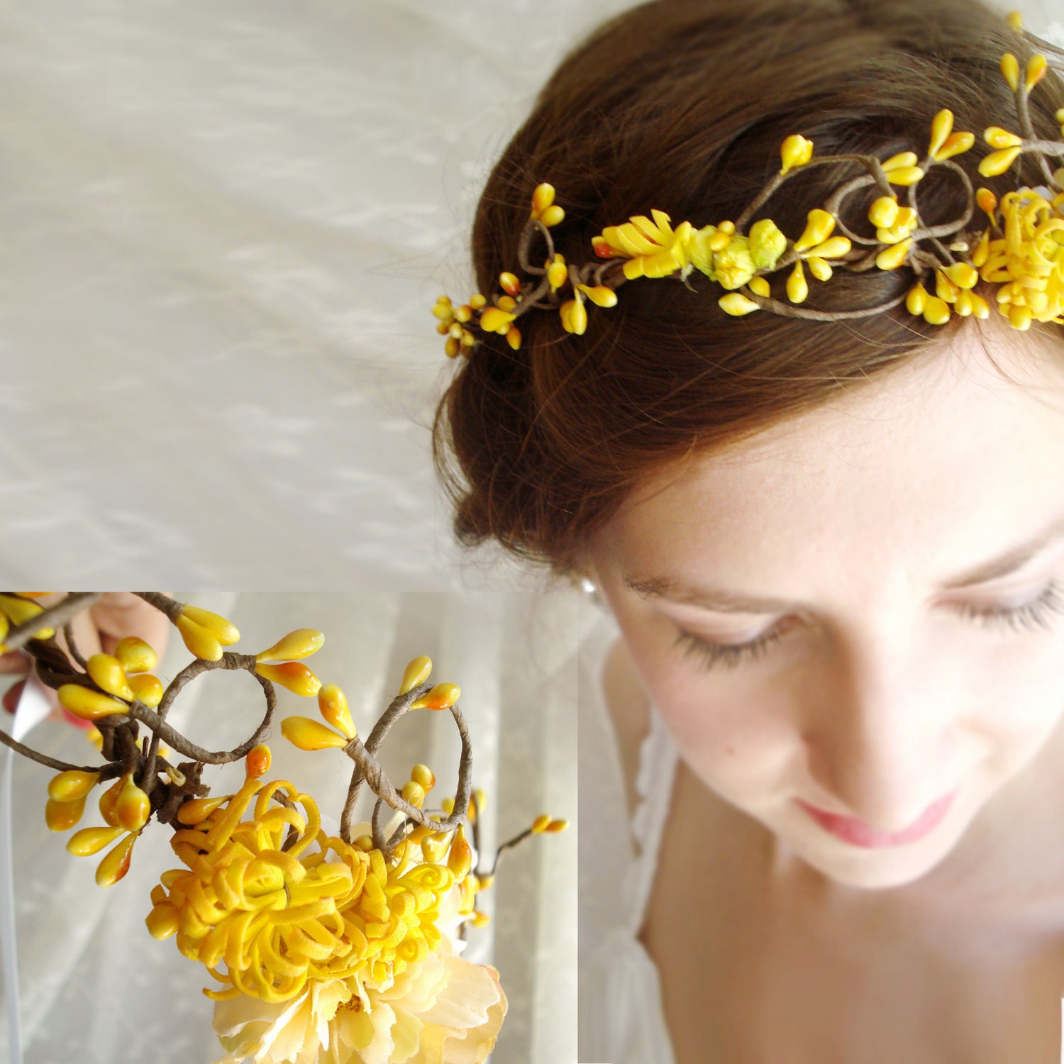 autumn wedding hair crown - PIXIE - bridal, yellow flower girl head wreath - thehoneycomb