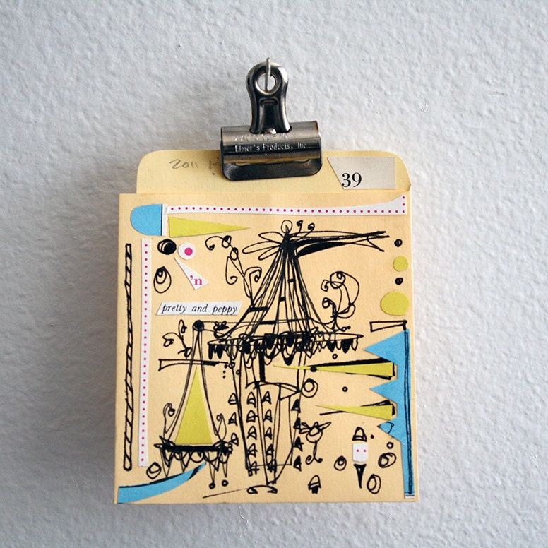 Pretty and Peppy: mixed media original on book pocket in museum case, one of a kind drawing & collage
