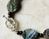 Bracelet, Abalone Shell Coins, Asian Inspired Metal Beads