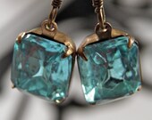 Vintage Glass Faceted Earrings, Turquoise Earrings, Set Stone Earrings, Antique Brass, Turquoise Jewel Drops . . . by Iddy Biddy Boutique