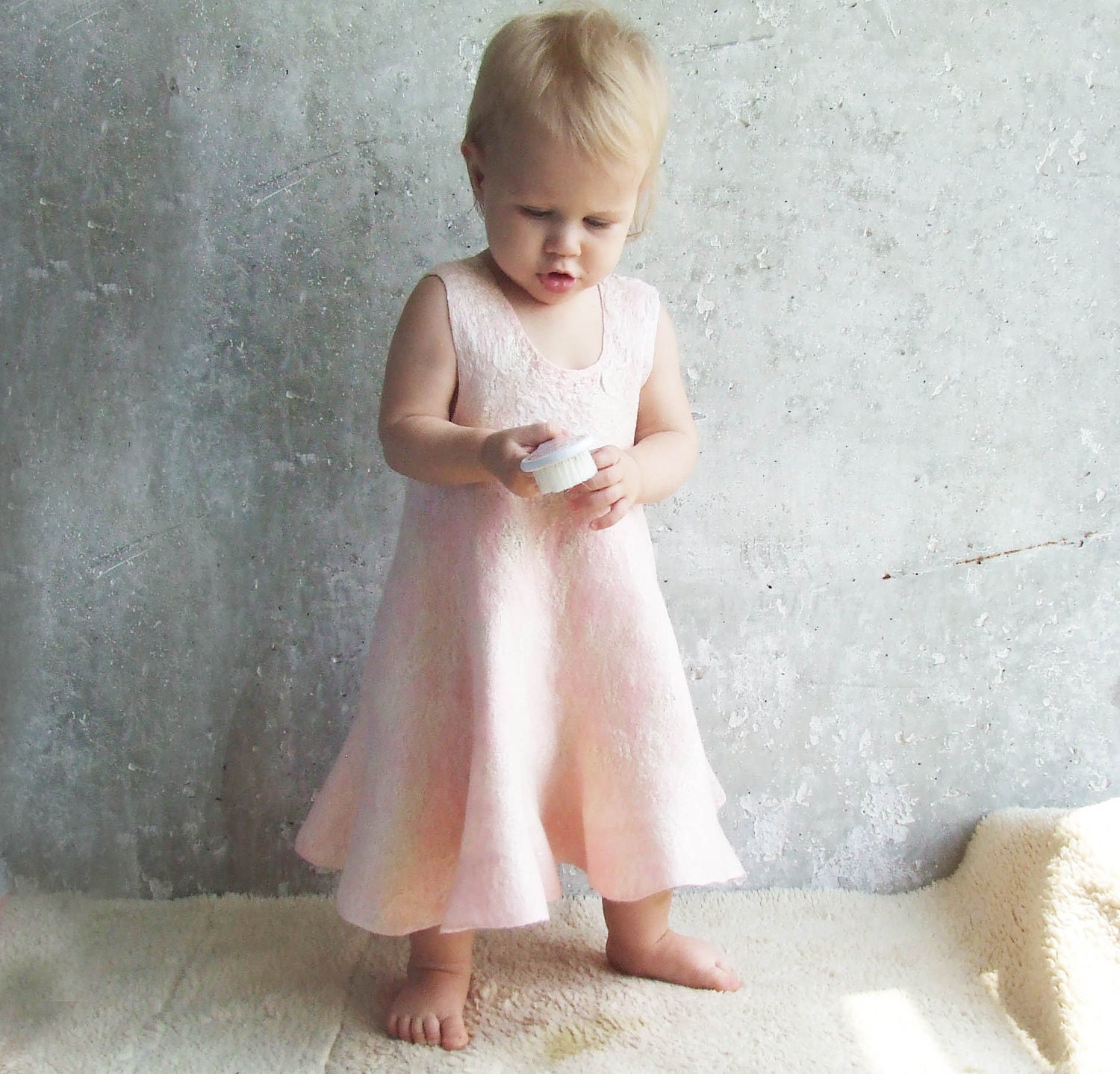 Pink baby girl dress wool felted 100% handfelt super soft gift idea for 1st birthday, weddings flower girl holiday gift luxury under 100