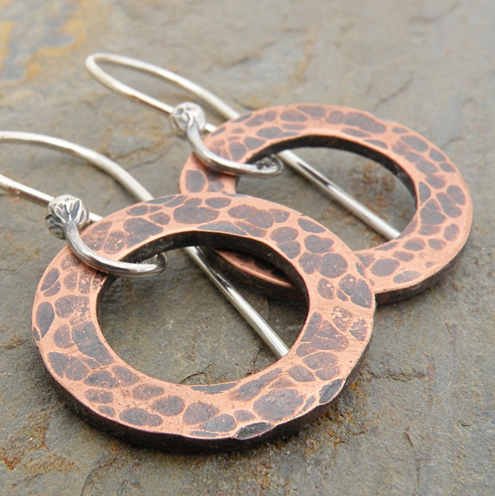 Copper Earrings: Textured Circles, Pebble Texture
