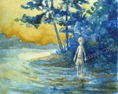 The Boy and the River, Open Edition Print, Matted in Faded Blue