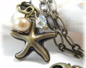 Brass Starfish Anklet with Freshwater Pearl and Swarovski Crystal